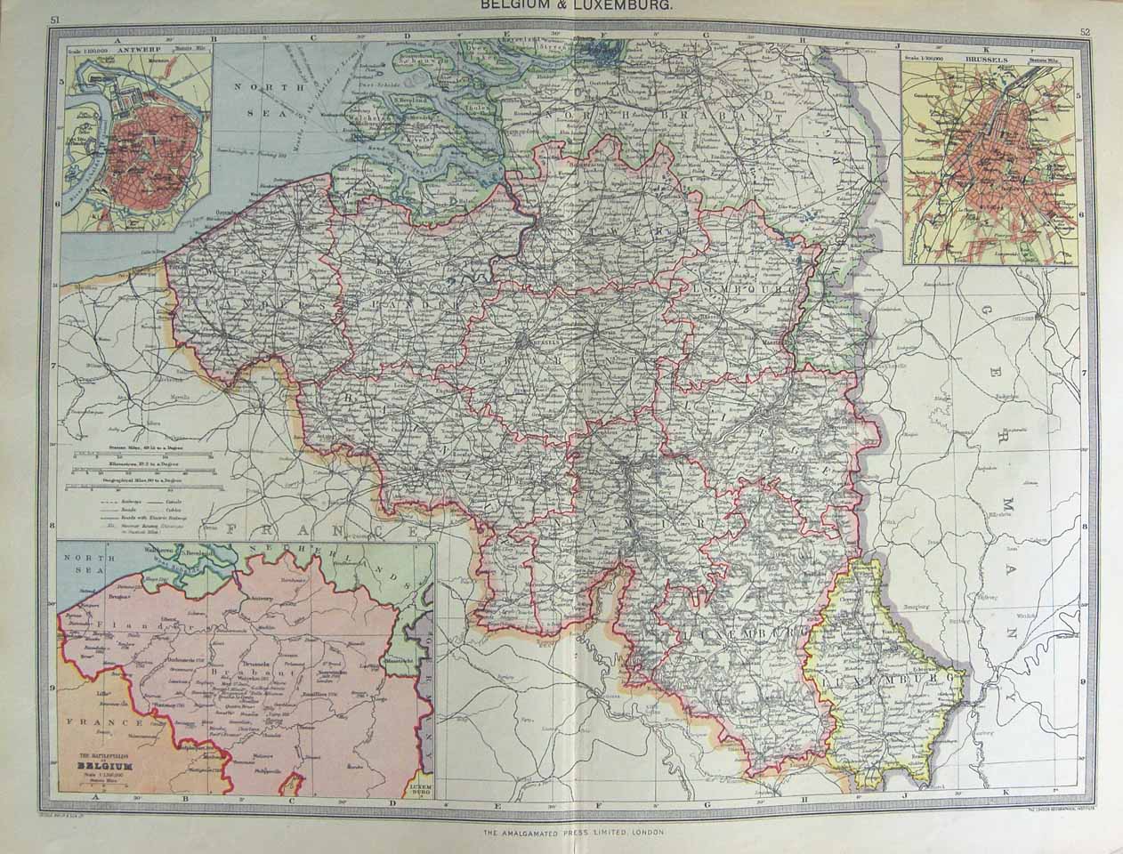 Original Old Antique Print Map 1906 Belgium Luxemburg Brussels Antwerp 20th