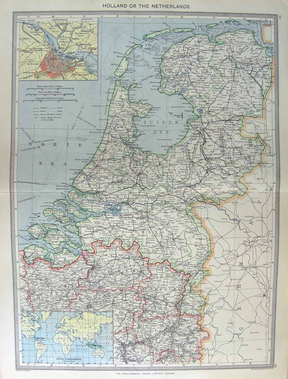 Original Old Antique Print Harmsworth Map 1906 Holland Amsterdam Netherlands