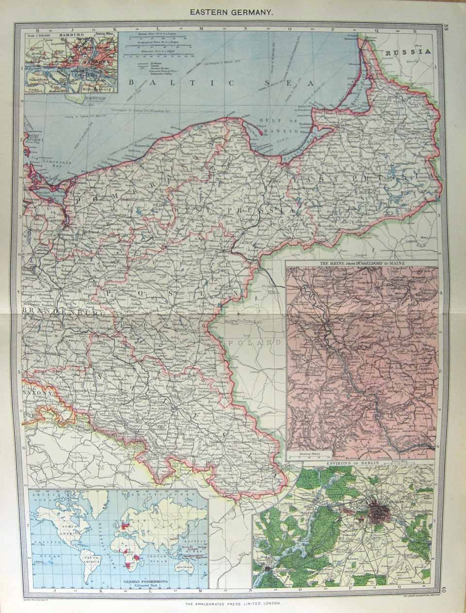 Original Old Antique Print Map 1906 Germany Berlin Hamburg Rhine Mainz 20th