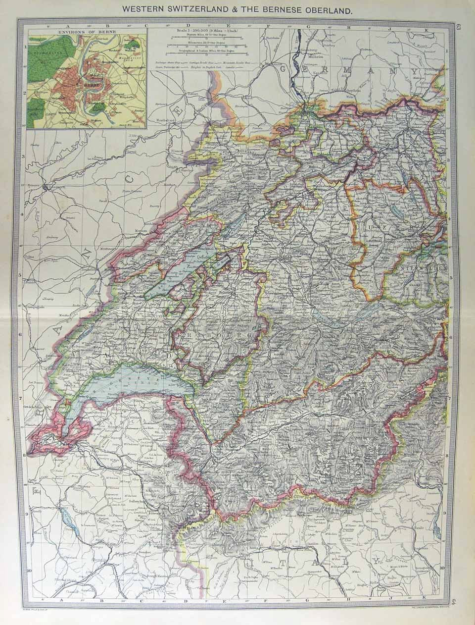 Original Old Antique Print Map 1906 Switzerland Bernese Oberland Berne 20th