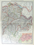 Original Old Antique Print Harmsworth Map 1906 Switzerland Grisons Engadin Alps