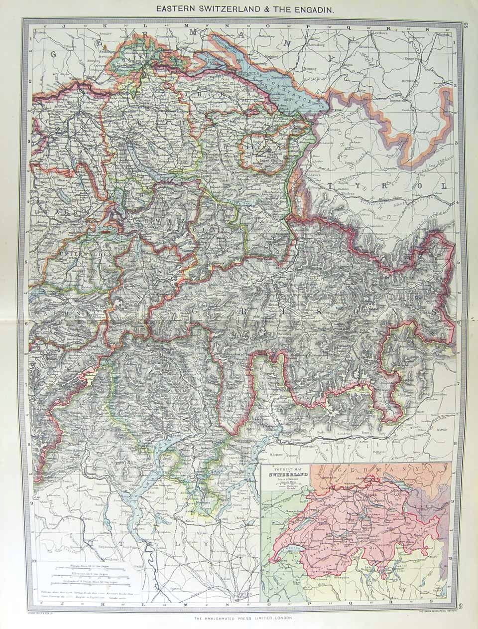 Original Old Antique Print Harmsworth Map 1906 Switzerland Grisons Engadin Alps