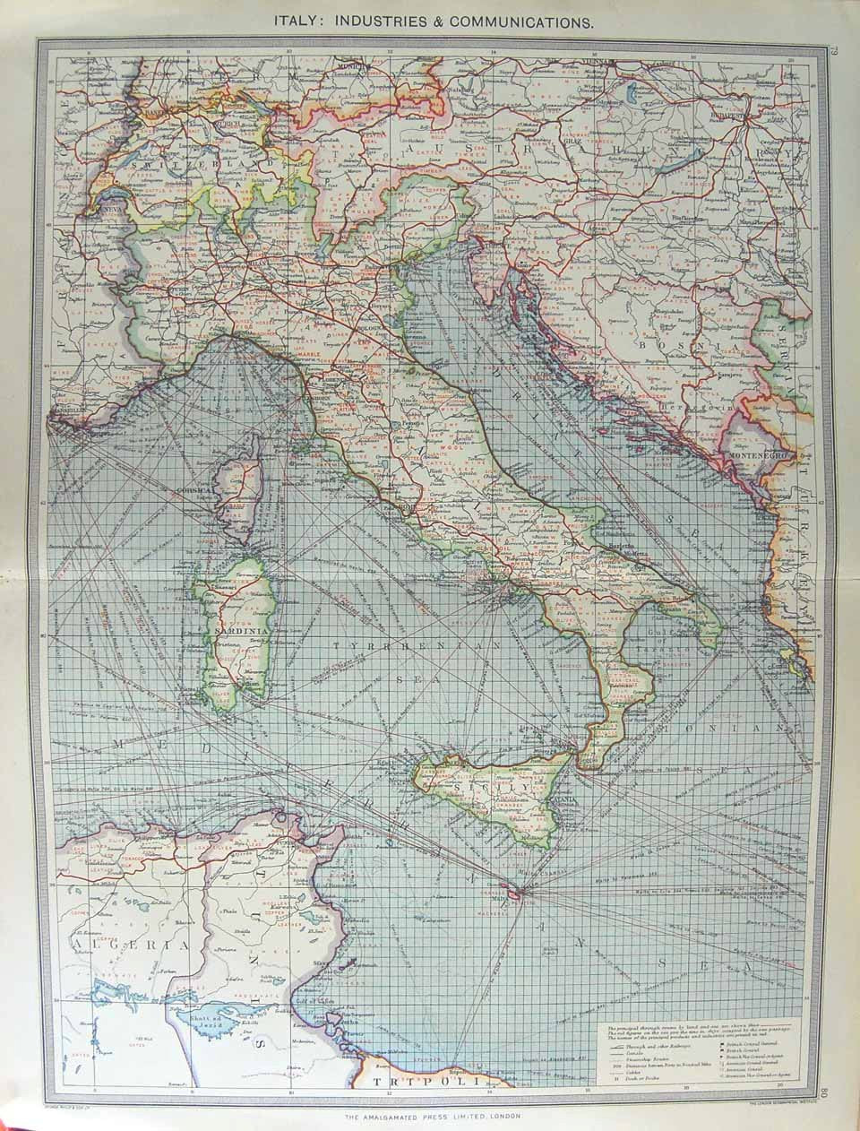 Original Old Antique Print Harmsworth Map 1906 Italy Industry Communications