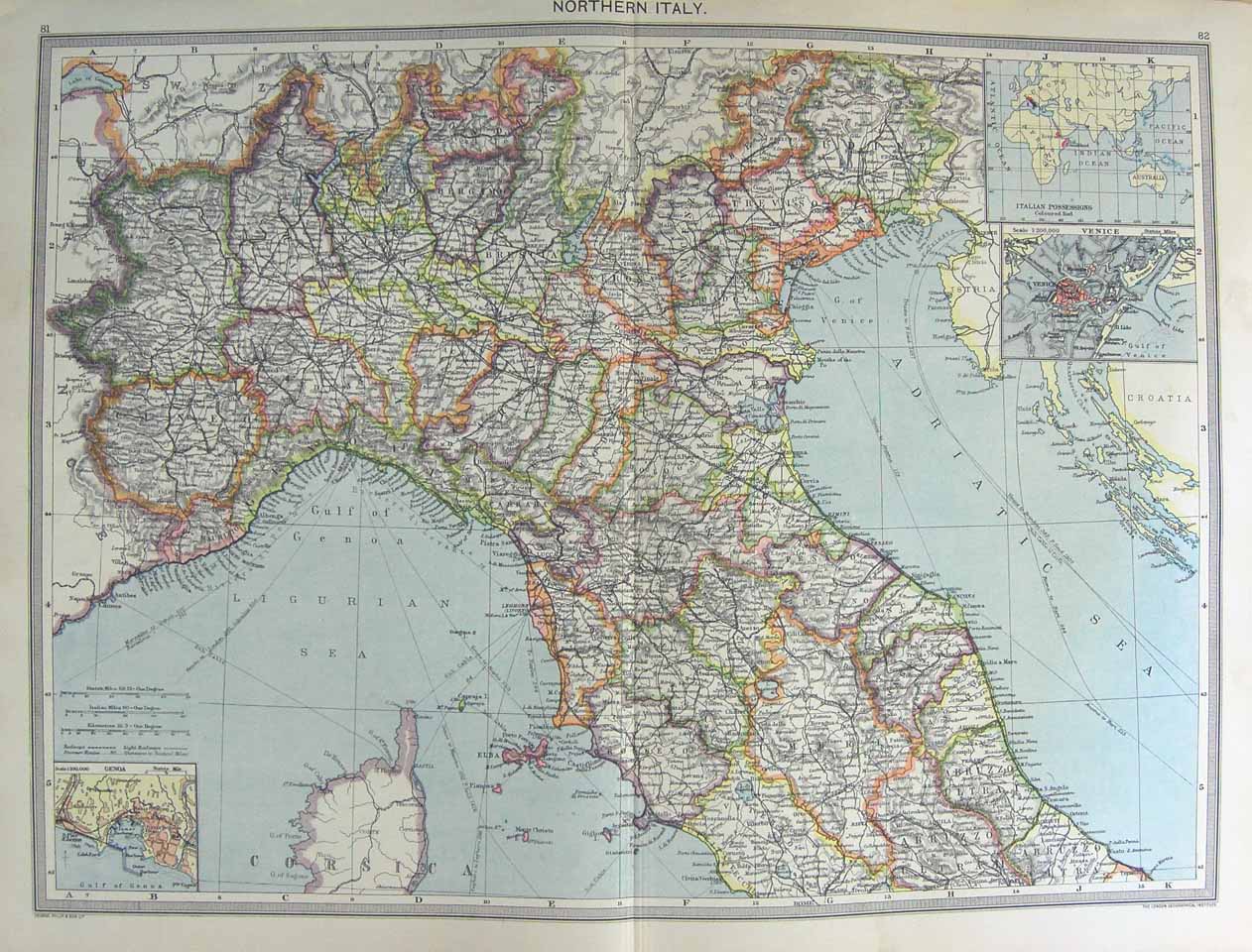 Original Old Antique Print Harmsworth Map 1906 Italy Genoa Venice Elba Adriatic