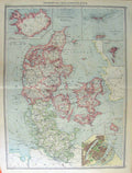 Original Old Antique Print Map 1906 Denmark Iceland Copenhagen Baltic 20th