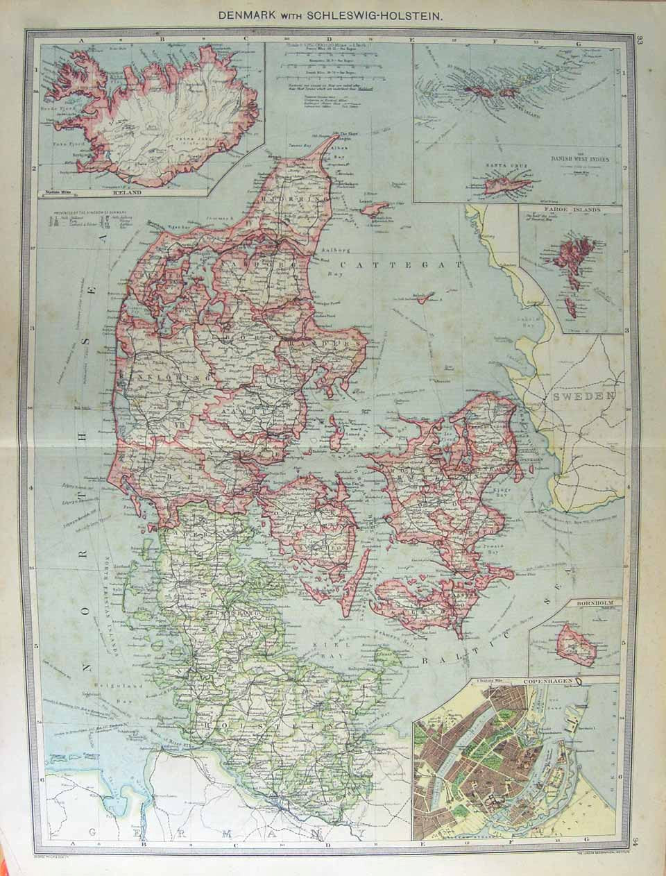 Original Old Antique Print Map 1906 Denmark Iceland Copenhagen Baltic 20th