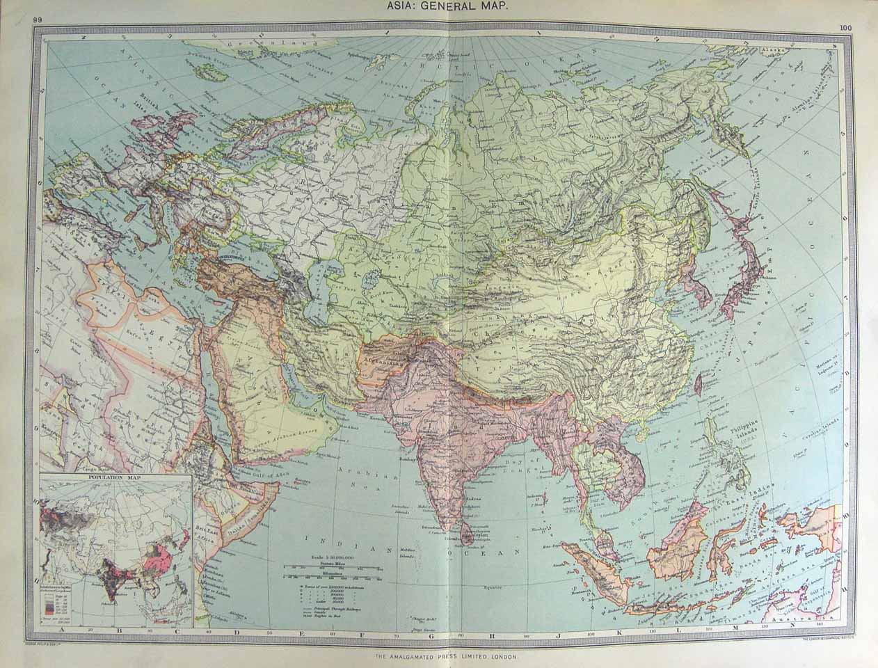 Original Old Antique Print Map 1906 Asia Population India China Borneo 20th