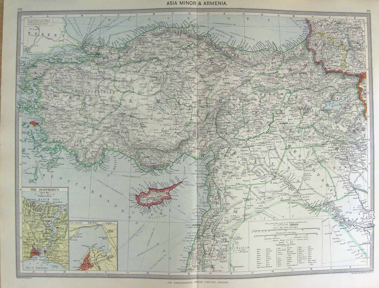 Original Old Antique Print Harmsworth Map 1906 Asia Armenia Cyprus Smyrna Samos