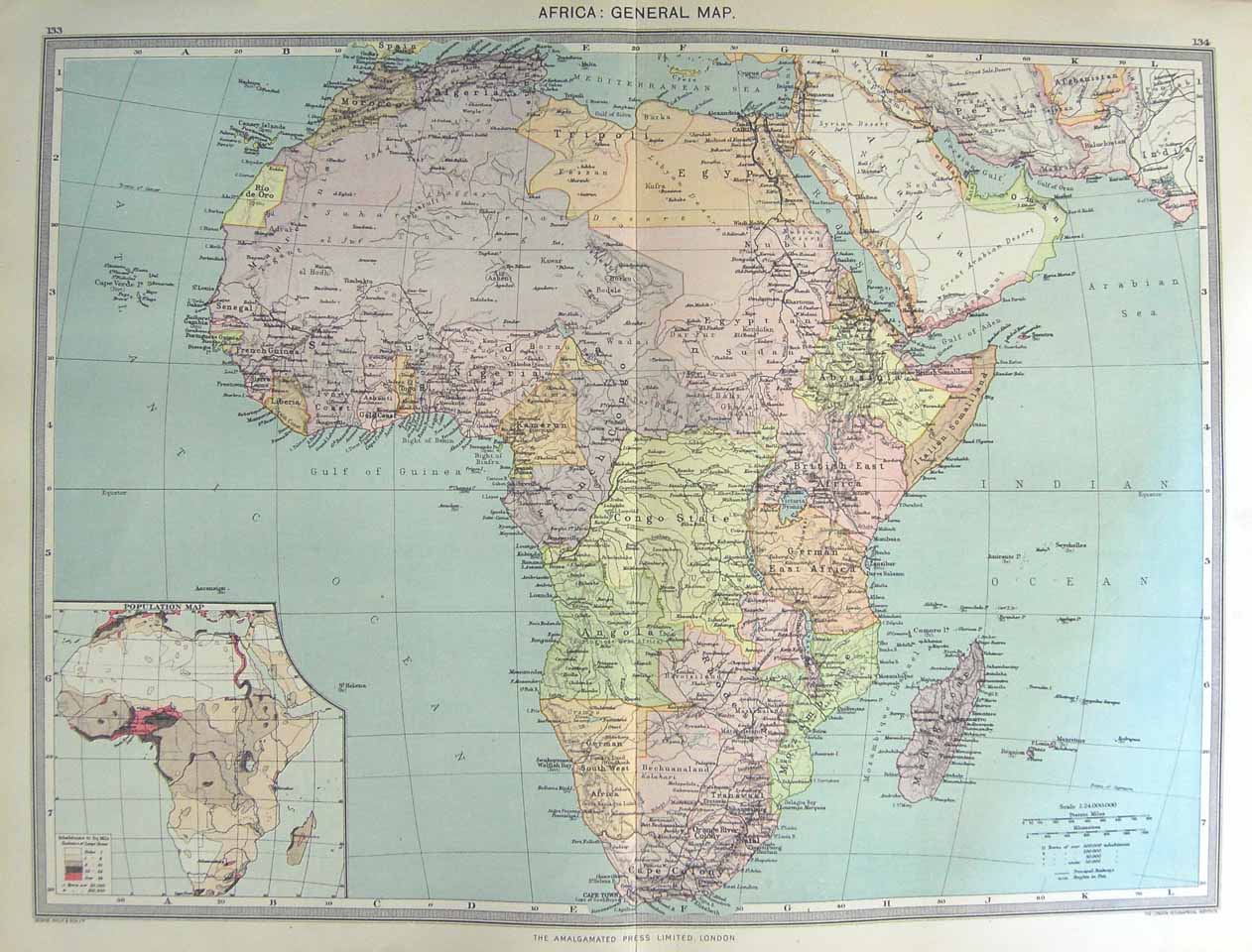 Original Old Antique Print Harmsworth Map 1906 Africa Madagascar Population