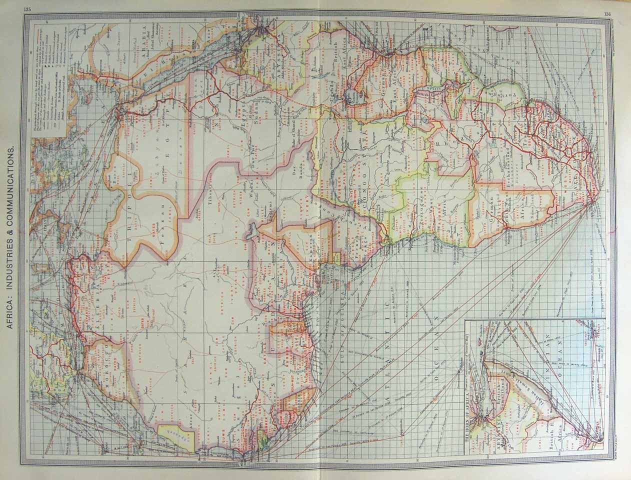Original Old Antique Print Harmsworth Map 1906 Africa Industry Communications