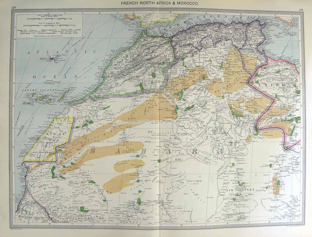 Original Old Antique Print Map 1906 French North Africa Morocco Canary 20th
