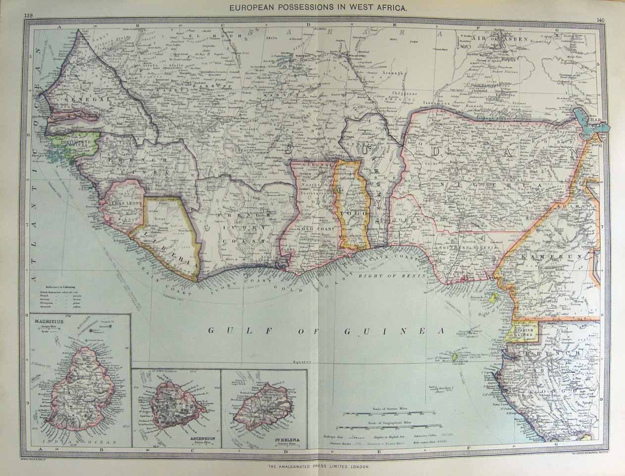 Original Old Antique Print Map 1906 Africa Helena Ascension Mauritius 20th
