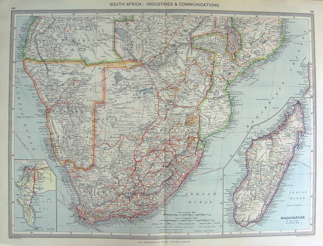 Original Old Antique Print Harmsworth Map 1906 South Africa Industry Madagascar