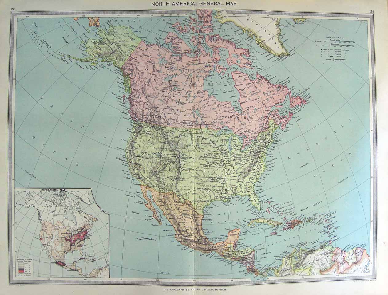 Original Old Antique Print Harmsworth Map 1906 North America Population Mexico