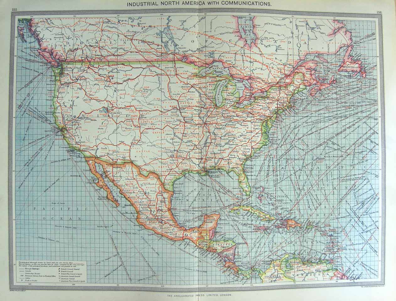 Original Old Antique Print America Communications Mexico Harmsworth Map 1906