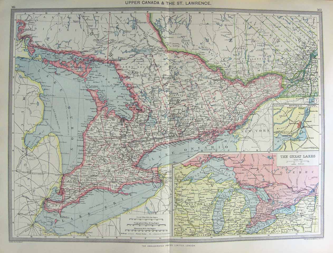 Original Old Antique Print Harmsworth Map 1906 Canada Lawrence Montreal Lakes