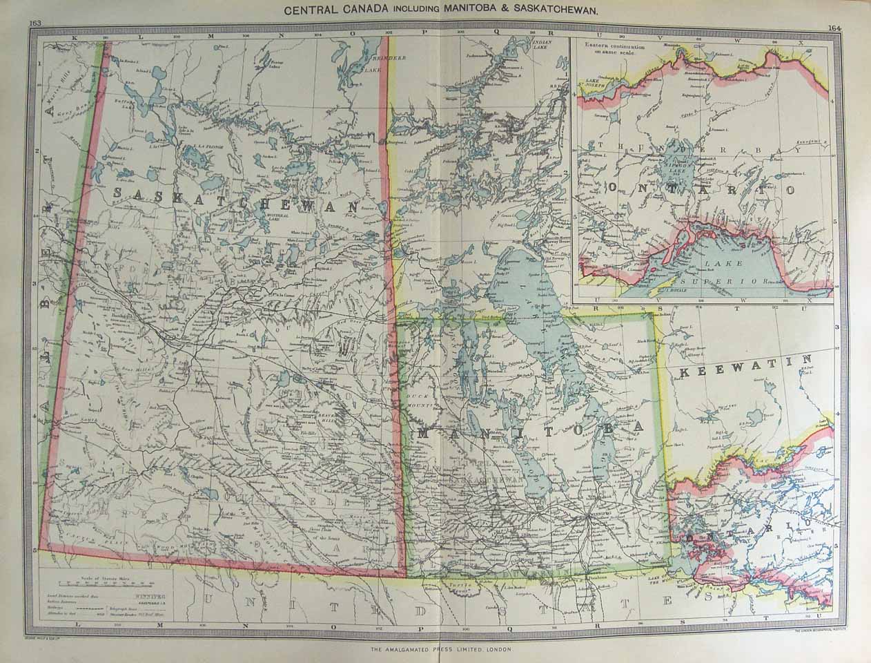 Original Old Antique Print Harmsworth Map 1906 Canada Manitoba Saskatchewan