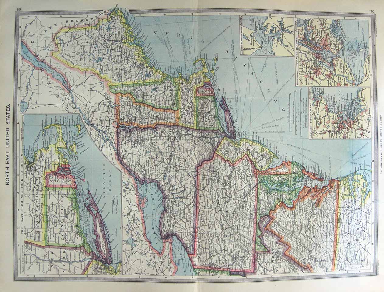 Original Old Antique Print Harmsworth Map 1906 New York America Boston Brooklyn