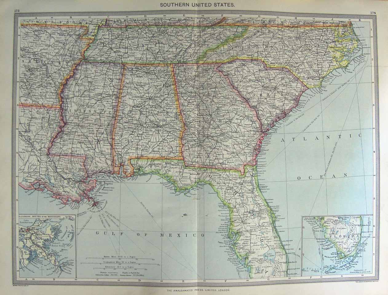 Original Old Antique Print Map 1906 America Florida Mississippi Mexico 20th
