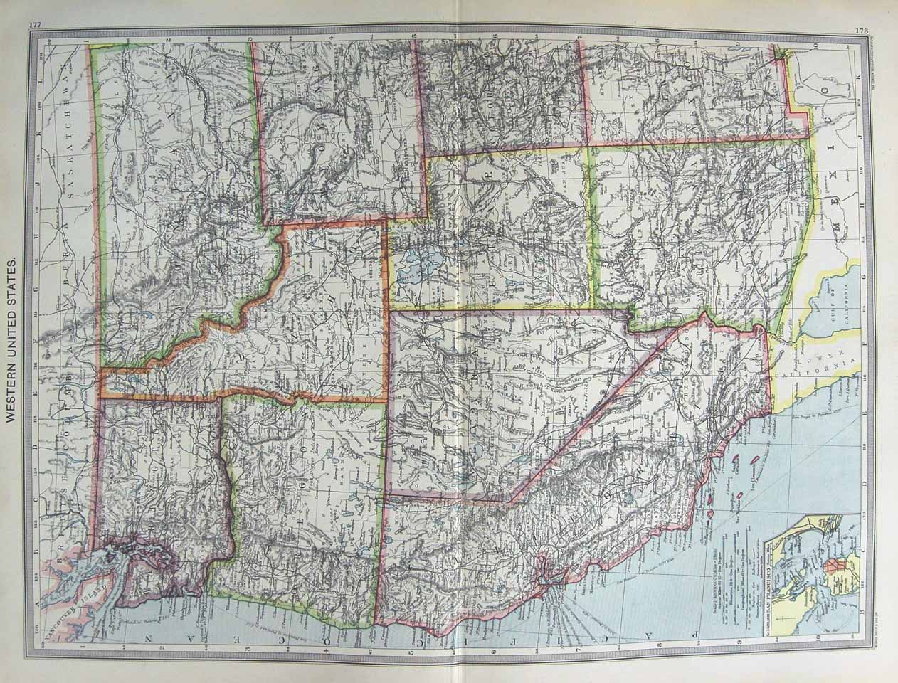 Original Old Antique Print Harmsworth Map 1906 America California San Francisco