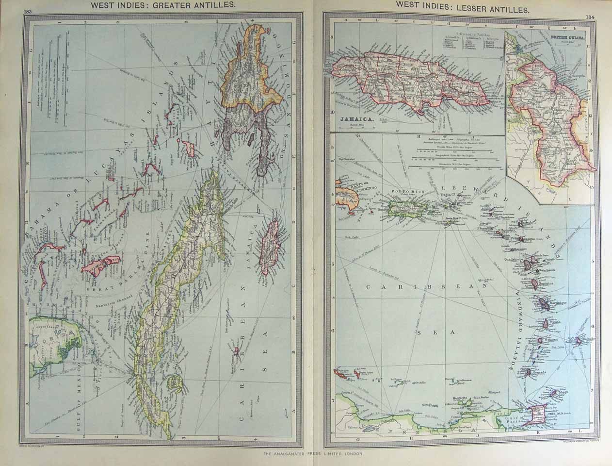 Original Old Antique Print Map 1906 Jamiaca Cuba Hayti Trinidad Virgin 20th