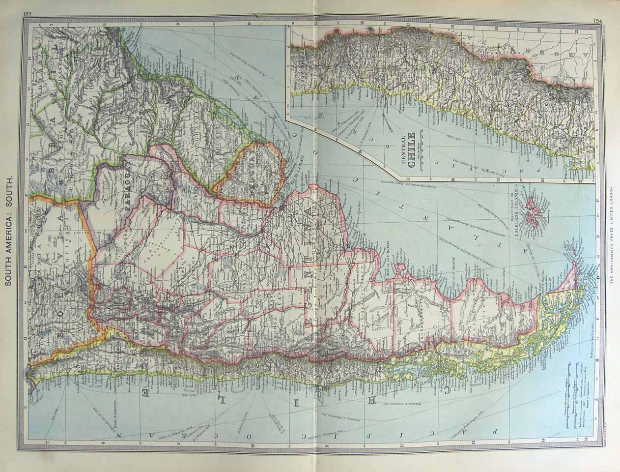Original Old Antique Print Map 1906 South America Chile Falkland Island 20th