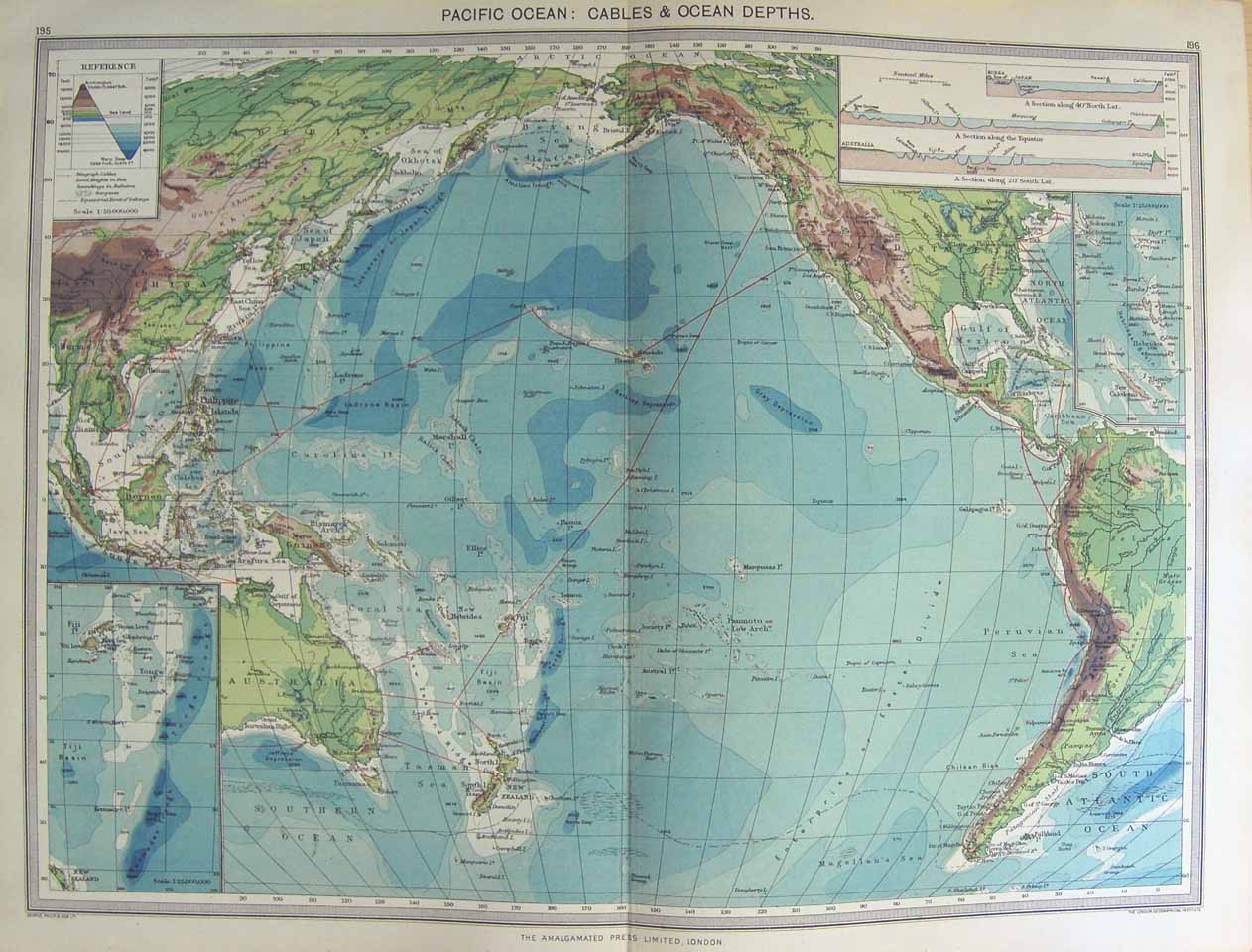 Original Old Antique Print Harmsworth Map 1906 Pacific Ocean Depths Australia