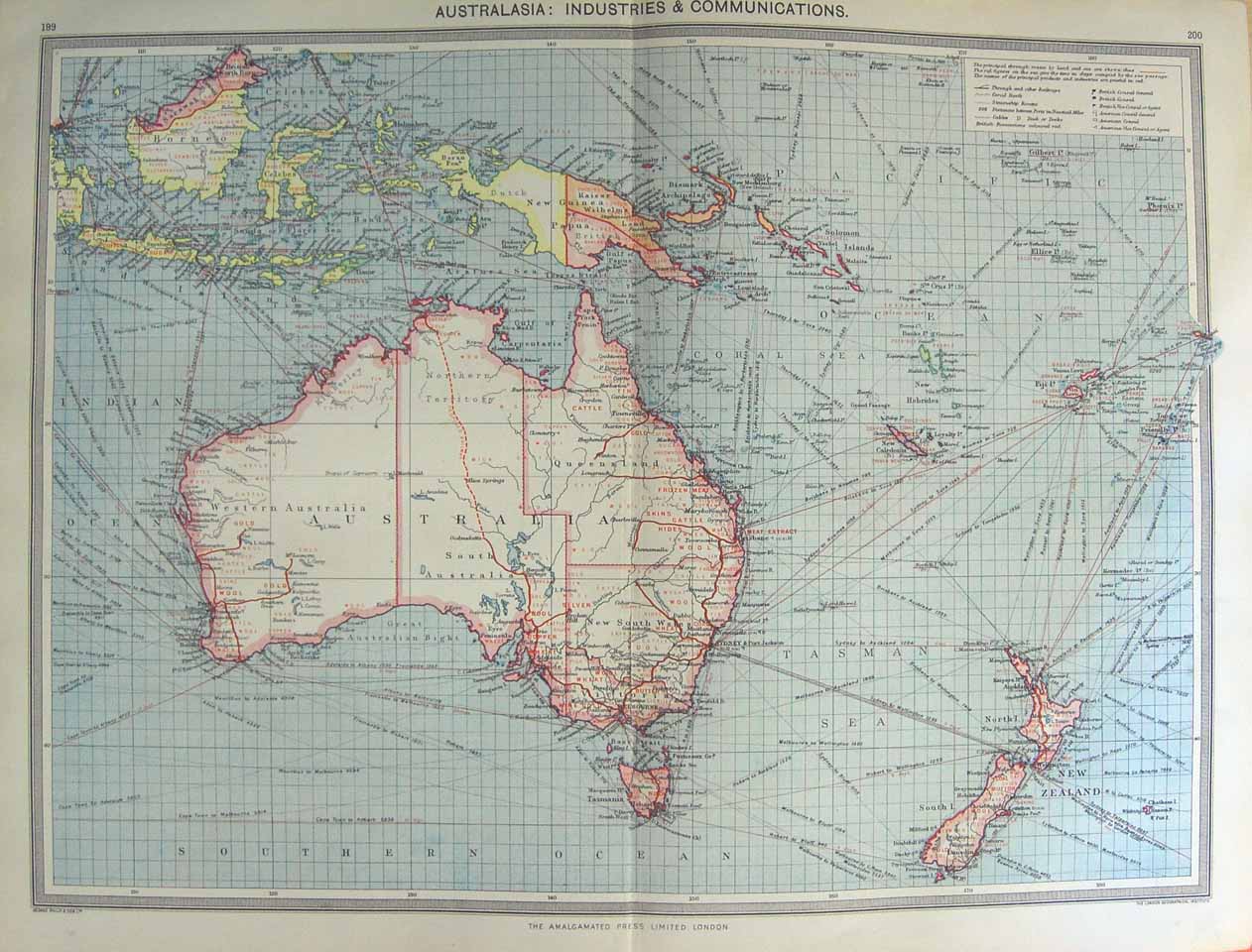 Original Old Antique Print Map 1906 Australasia Industry Communications 20th