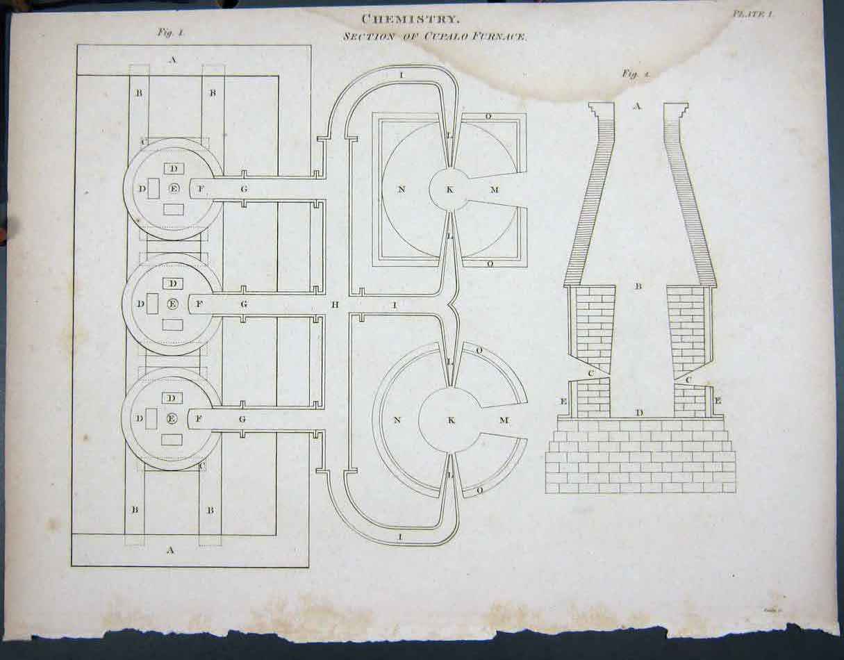 Original Old Antique Print C1805 Chemistry Cupalo Furnace Lowry Napoleonic Era