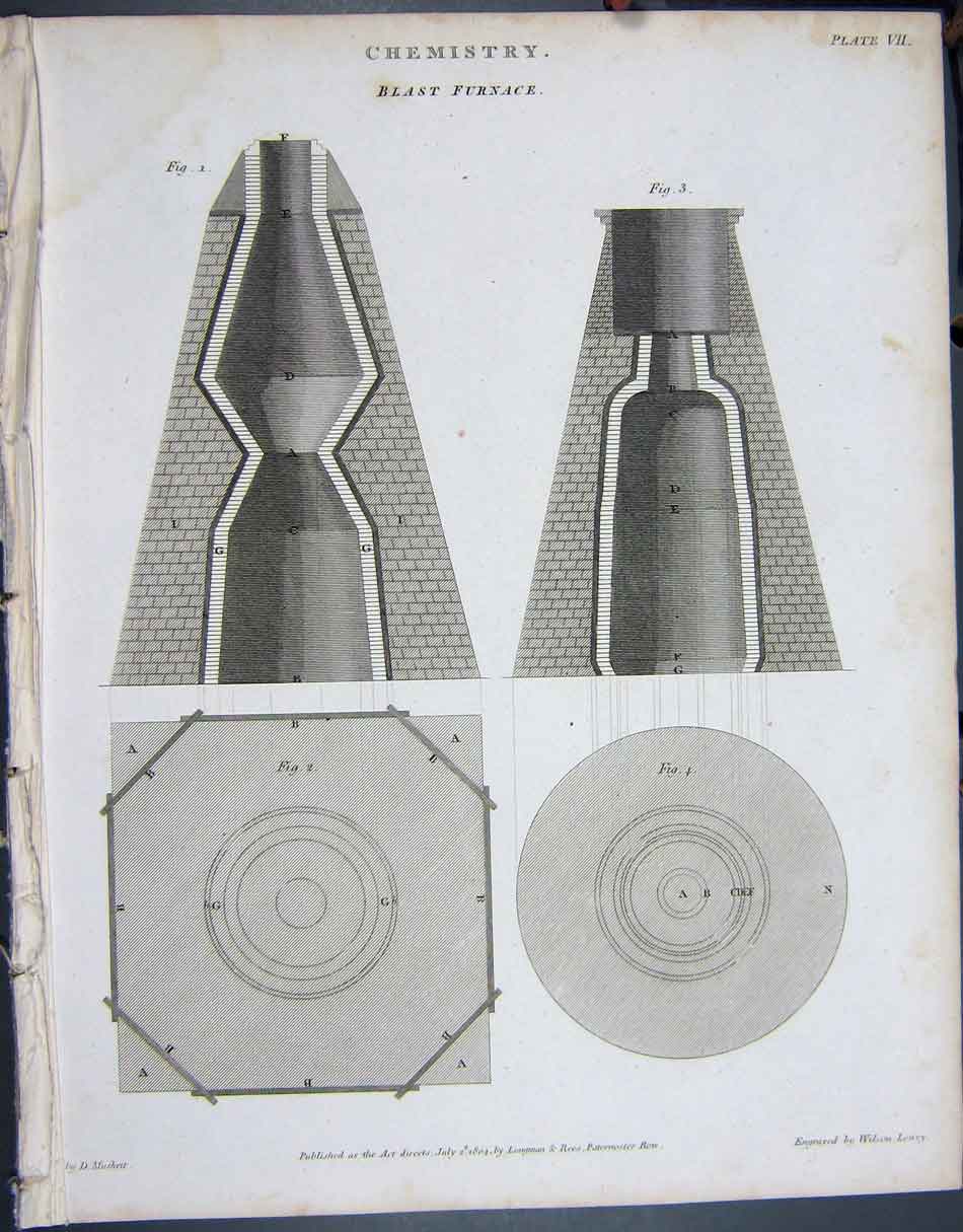 Original Old Antique Print 1804 Chemistry Blast Furnace Lowry Napoleonic Era