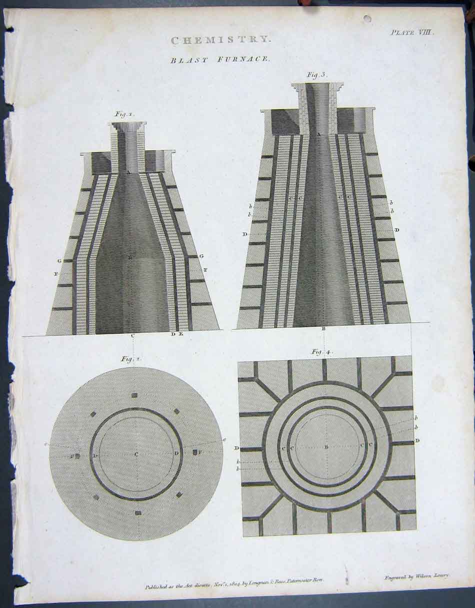 Original Old Antique Print Ref.790 1804 Chemistry Blast Furnace Lowry
