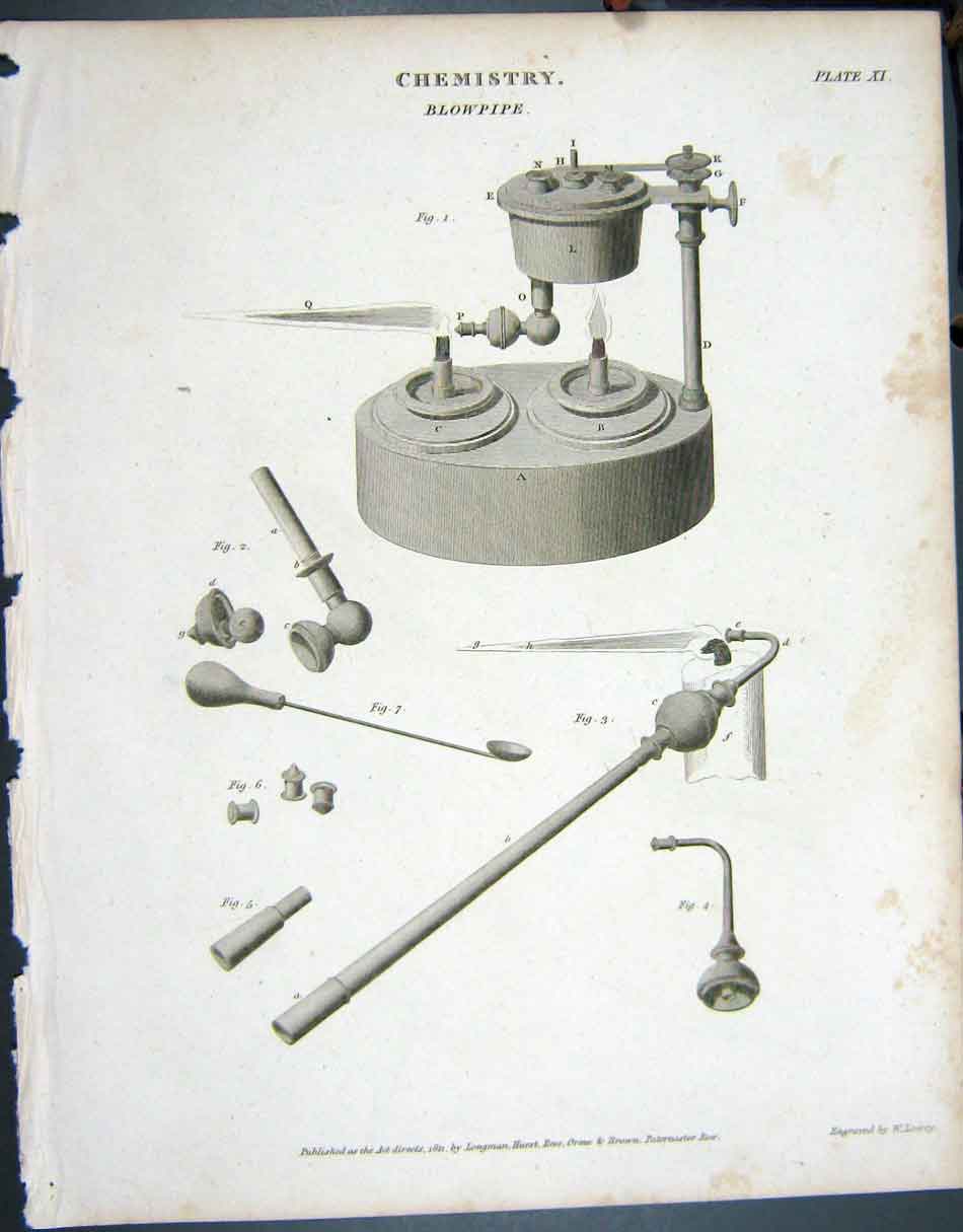 Original Old Antique Print 1811 Chemistry Blowpipe Instruments Lowry 19th