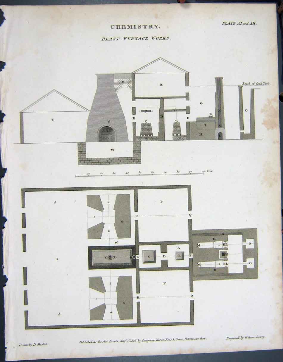 Original Old Antique Print Ref.794 1805 Chemistry Blast Furnace Works Lowry