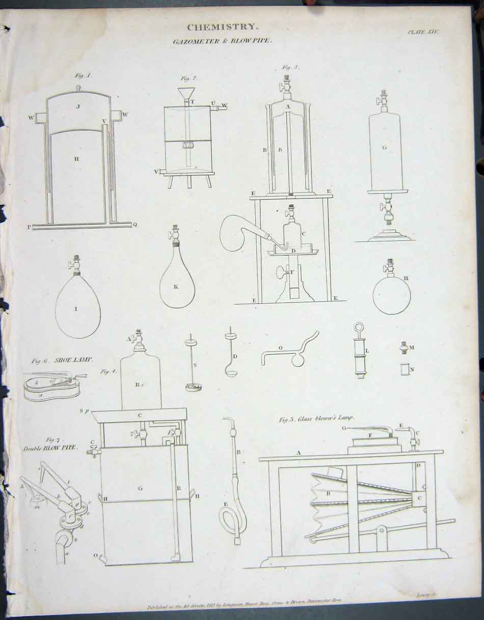 Original Old Antique Print 1819 Chemistry Gazometer Blowpipe Lowry 19th Century