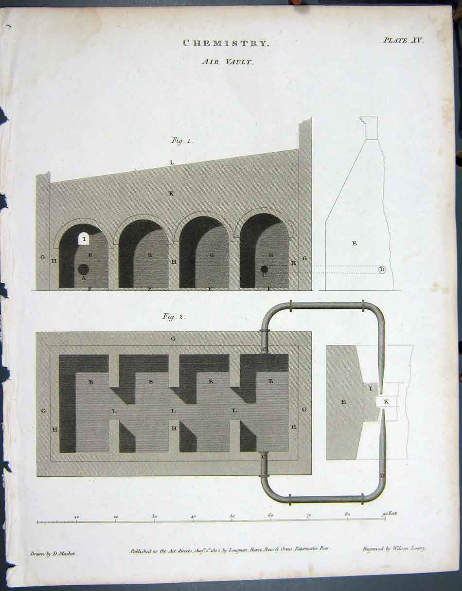 Original Old Antique Print 1805 Chemistry Air Vault Diagrams Lowry 19th Century