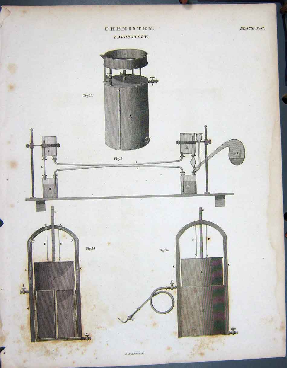 Original Old Antique Print C1790-C1900 Chemistry Laboratory Anderson 18th