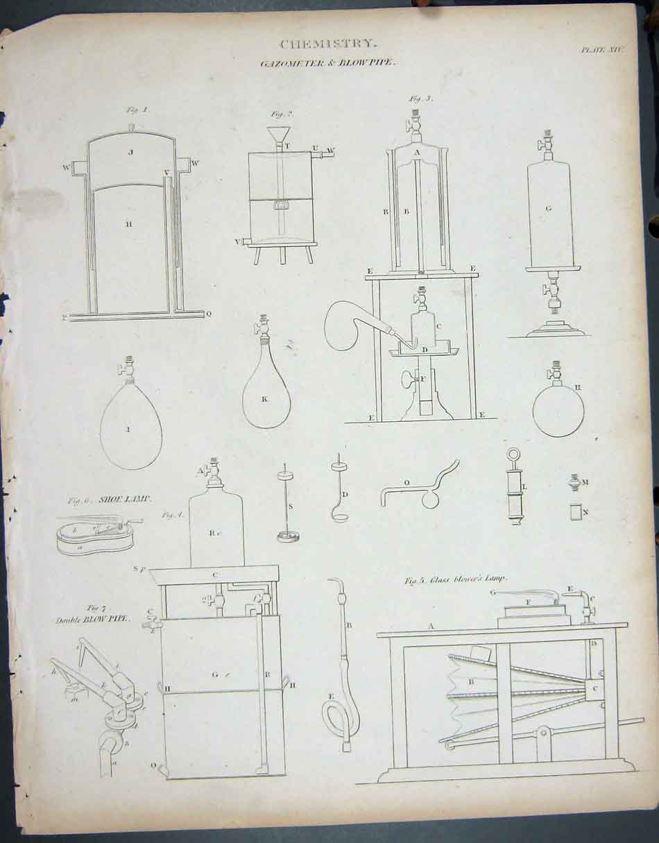 Original Old Antique Print C1790-C1900 Chemistry Gazometer Blowpipe 18th