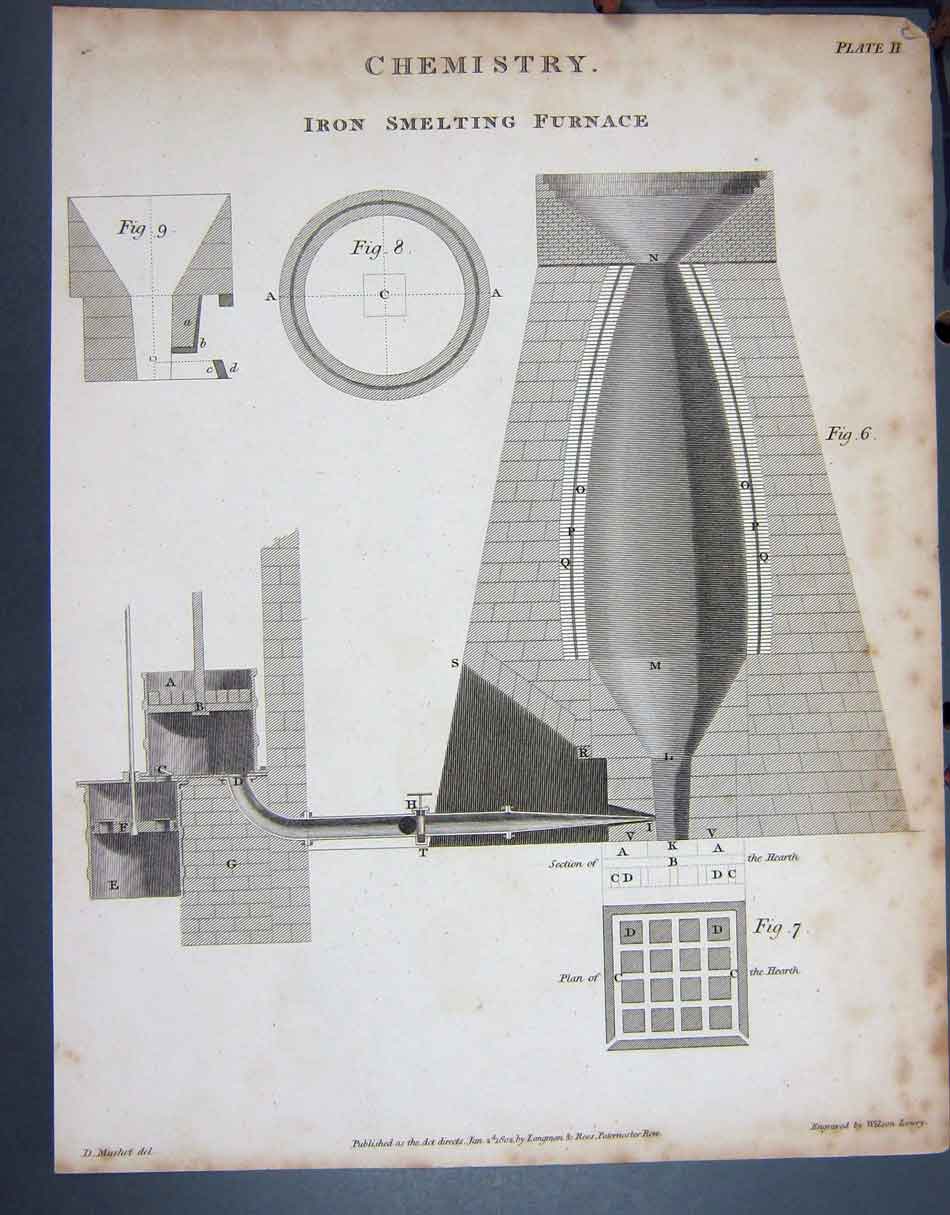 Original Old Antique Print 1802 Chemistry Iron Smelting Furnace Napoleonic Era