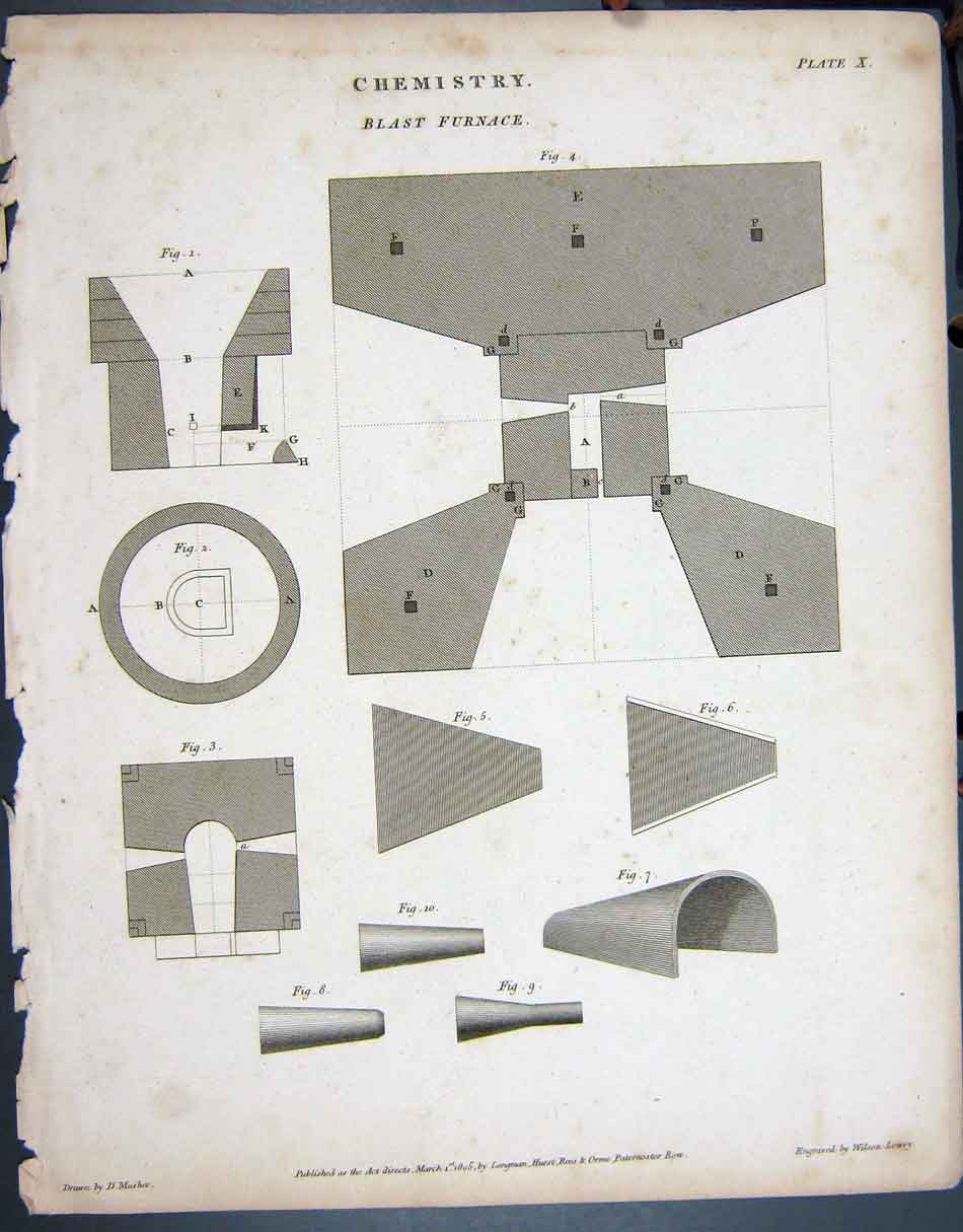 Original Old Antique Print 1805 Chemistry Blast Furnace Lowry Napoleonic Era