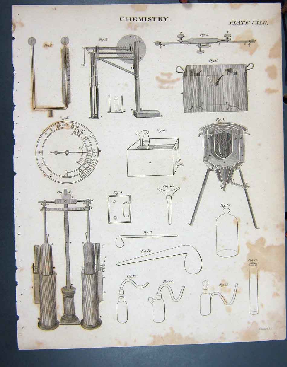 Original Old Antique Print C1790-C1900 Chemistry Instruments Kneass 18th