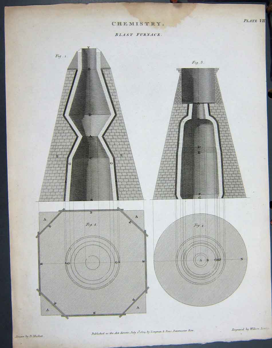 Original Old Antique Print Ref.800 1804 Chemistry Blast Furnace Lowry