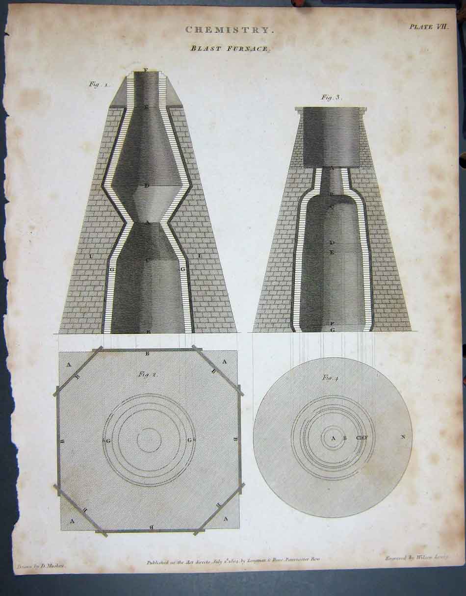 Original Old Antique Print Ref.801 1804 Chemistry Blast Furnace Lowry