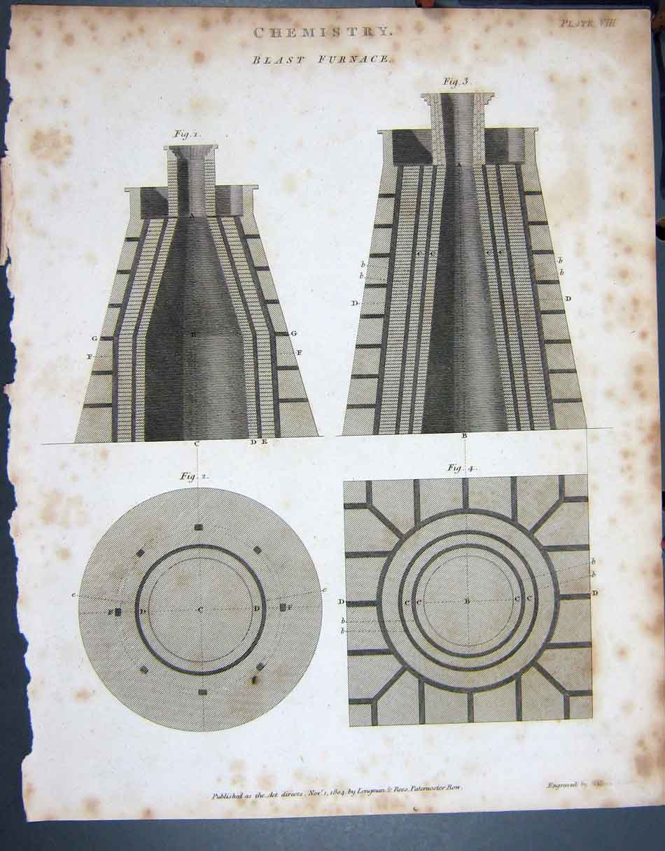 Original Old Antique Print Ref.802 1804 Chemistry Blast Furnace Lowry