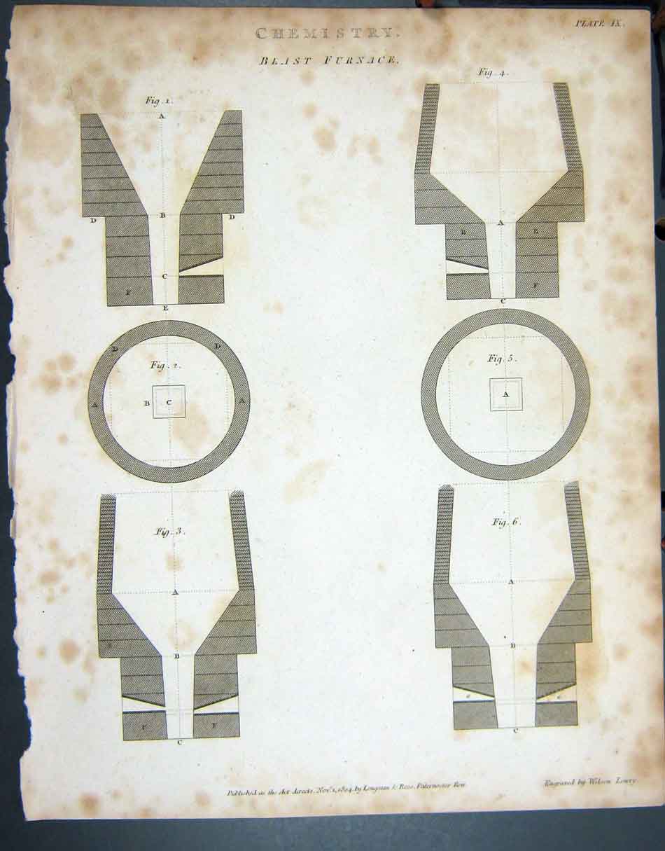 Original Old Antique Print Ref.803 1804 Chemistry Blast Furnace Lowry