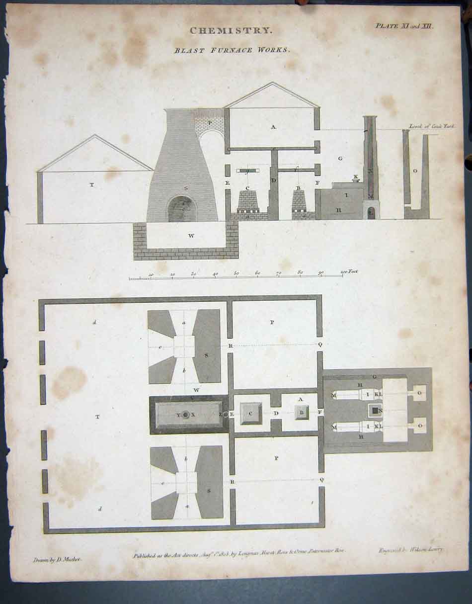 Original Old Antique Print Ref.804 1805 Chemistry Blast Furnace Works Lowry