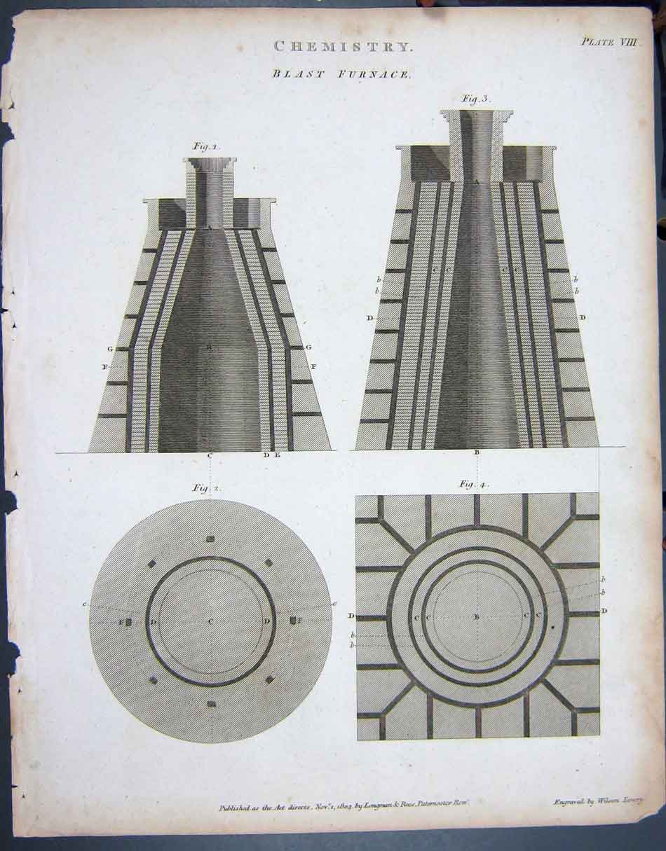 Original Old Antique Print 1804 Chemistry Blast Furnace Works Lowry 19th