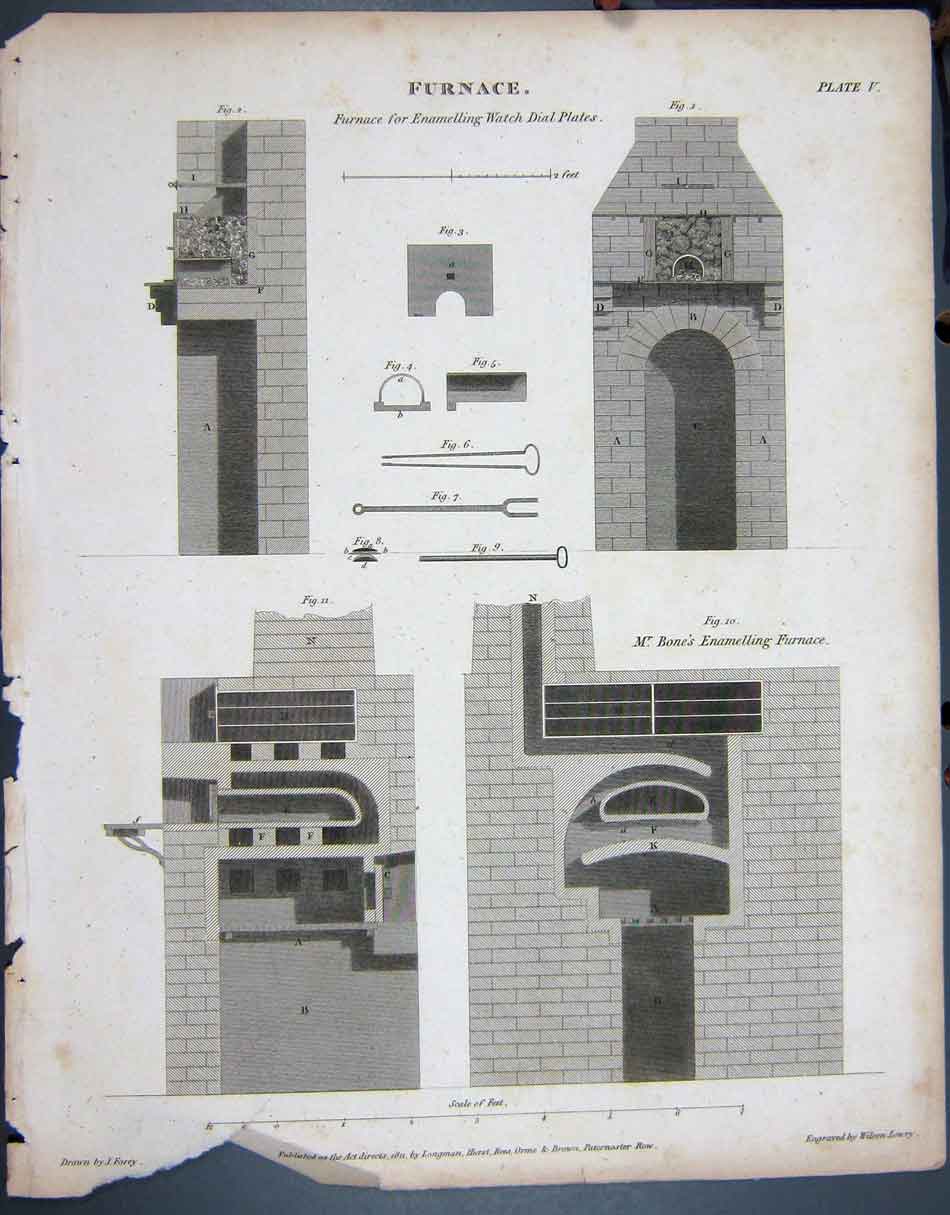 Original Old Antique Print 1811 Furnace Watch Dial Plates Lowry Napoleonic Era