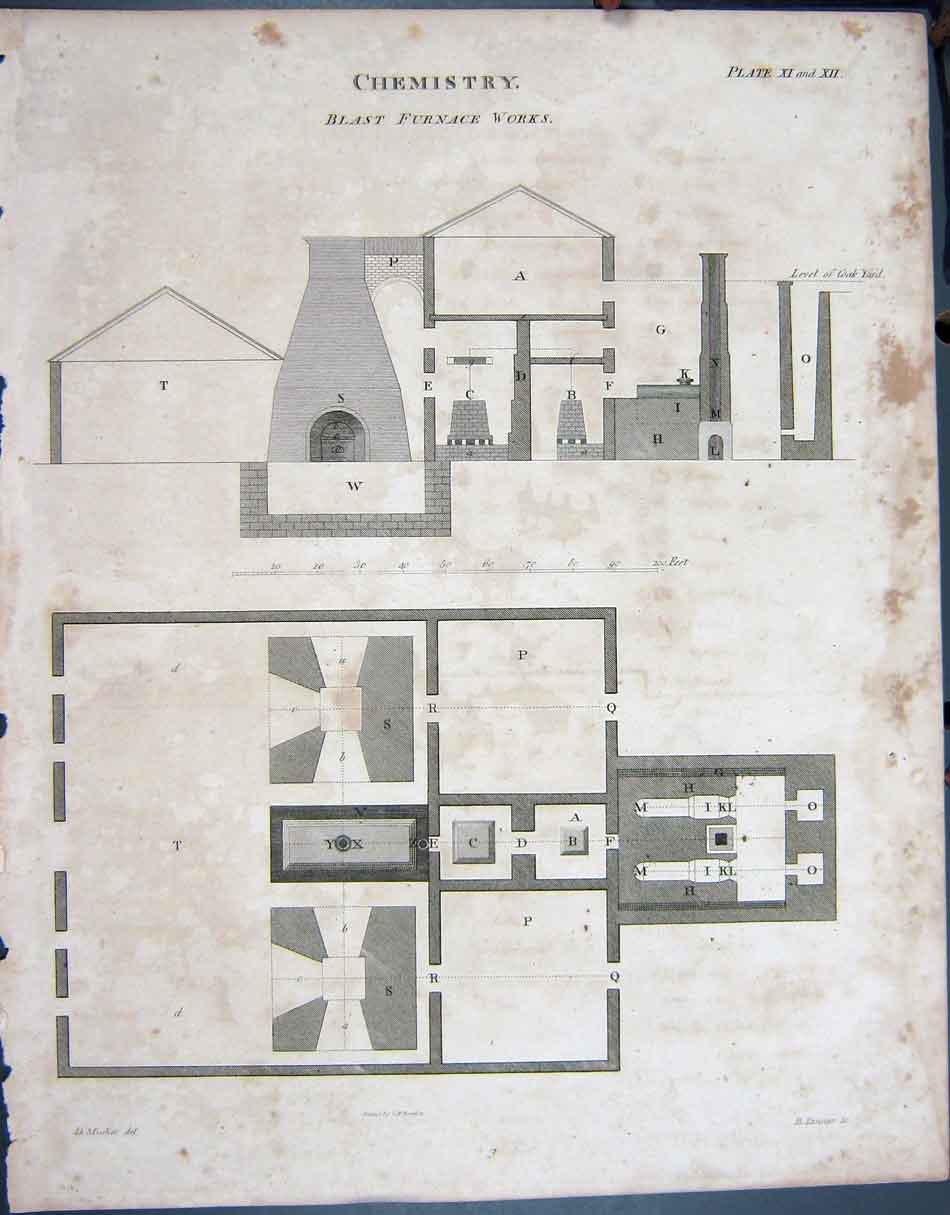 Original Old Antique Print C1790-C1900 Chemistry Blast Furnace Works 18th