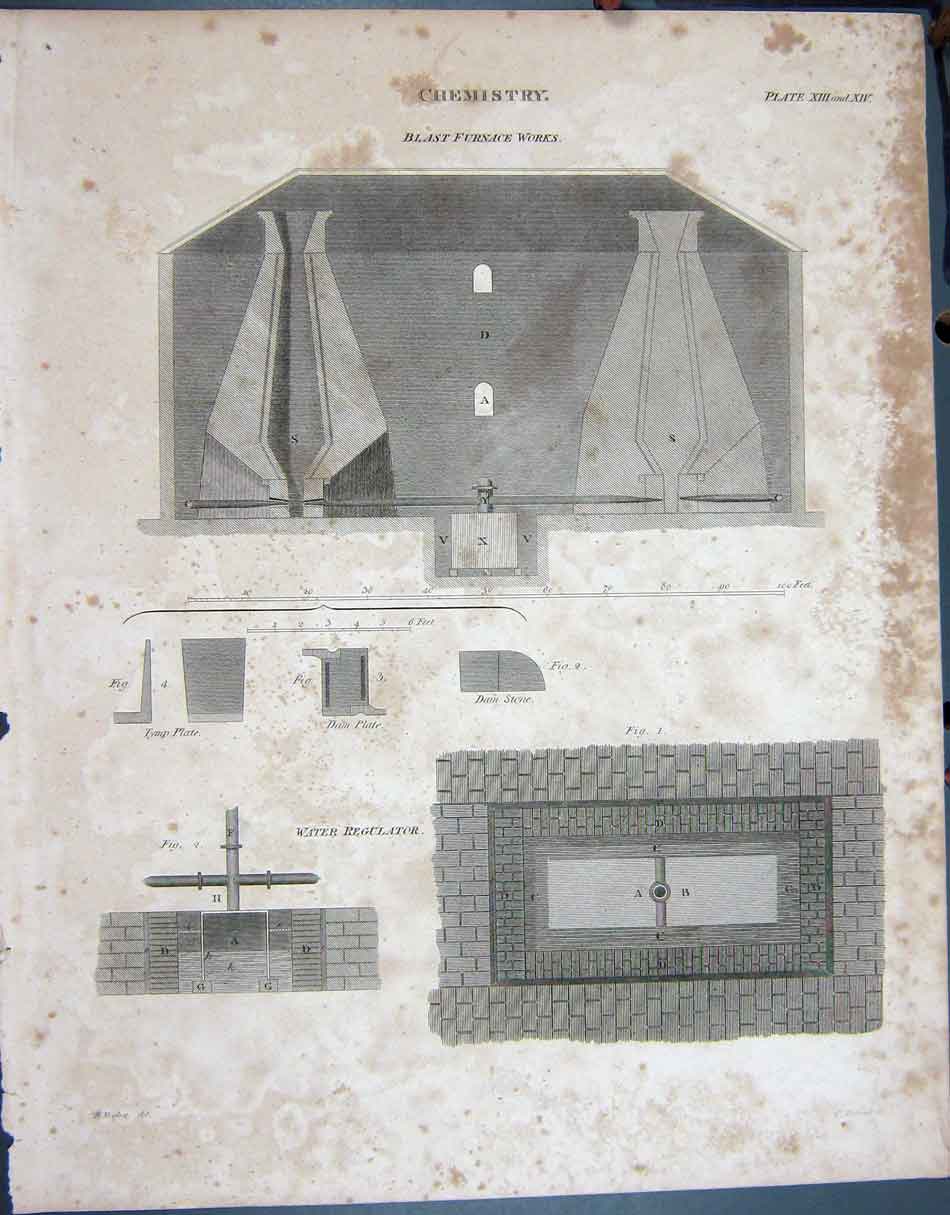 Original Old Antique Print Ref.806 C1790-C1900 Chemistry Blast Furnace Works