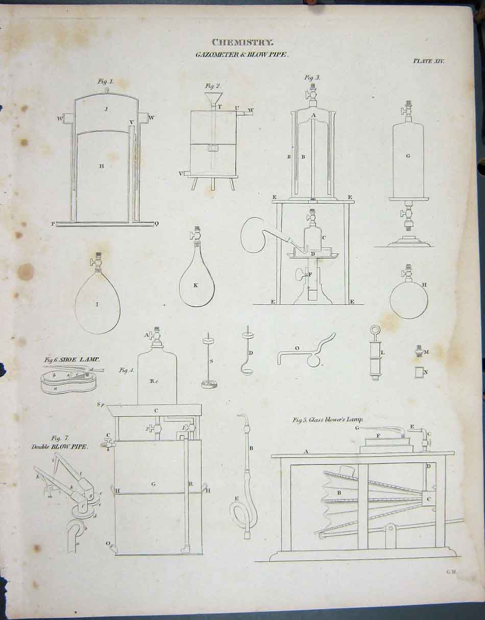 Original Old Antique Print Ref.807 C1790-C1900 Chemistry Gazometer Blowpipe